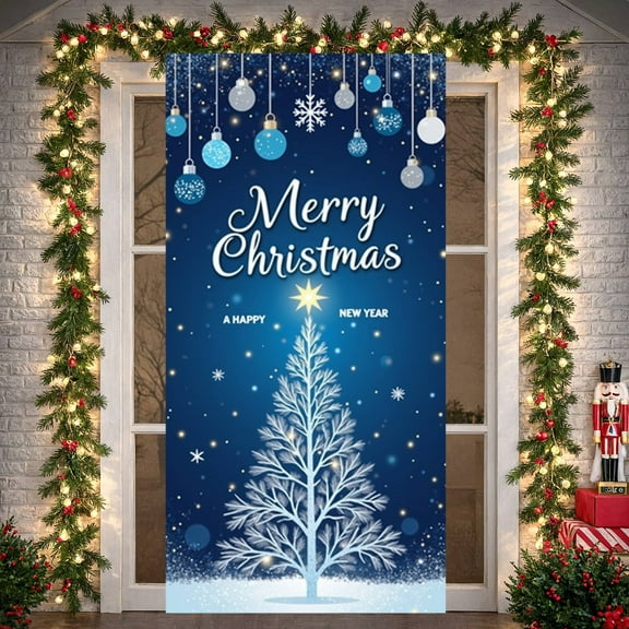 Blue Theme Christmas Banner White Christmas Tree New Year Display Golden Star Snowflake Design Holiday Backdrop for Christmas Party New Year Celebration Indoor Decoration