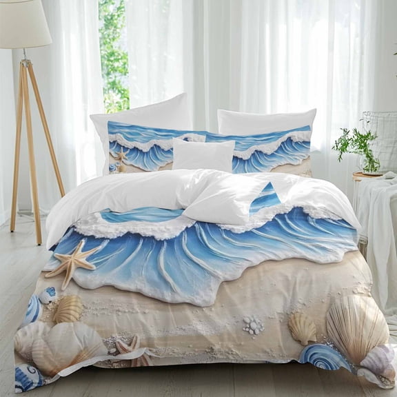 Blue Theme Duvet Cover Set Queen Size, Beach Ocean Wave Starfish Shell Coastal 4 Piece Soft Microfiber Bedding Set with 1 Duvet Cover, 1 Flat Sheet, 2 Pillowcases