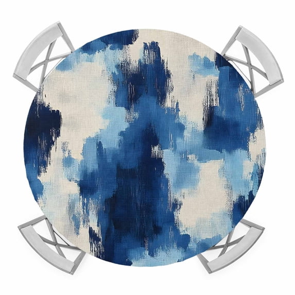 Blue Theme Elastic Fitted Round Table Cover Impressionist Style Waterproof Outdoor Tablecloth for Holiday Party, Picnic, Patio & Dining Fits Tables Up to 45"-54"