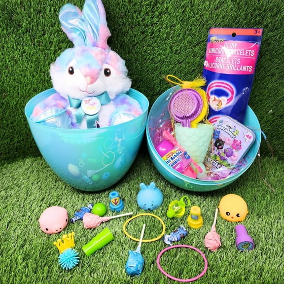 Blue Theme Giant Easter Egg Surprise Toys for Boys, Easter Gifts for Kids Egg Hunt, Assorted Toys Inside Plush Bunny Candy Accessories, Party Favor Spring Birthday Gift Decoration, 1 Set