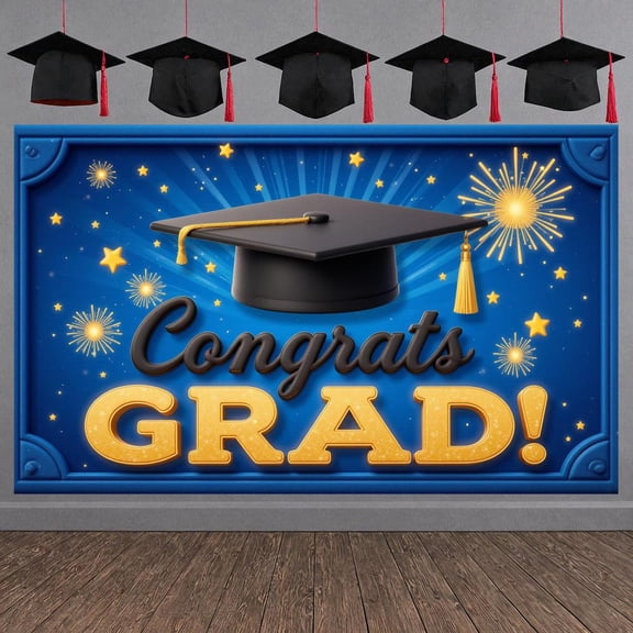 Blue Theme Graduation Banner Gold Stars Grad Display Fireworks Design Congrats Text Congrats Backdrop for Graduation Ceremony College Graduation Grad Party