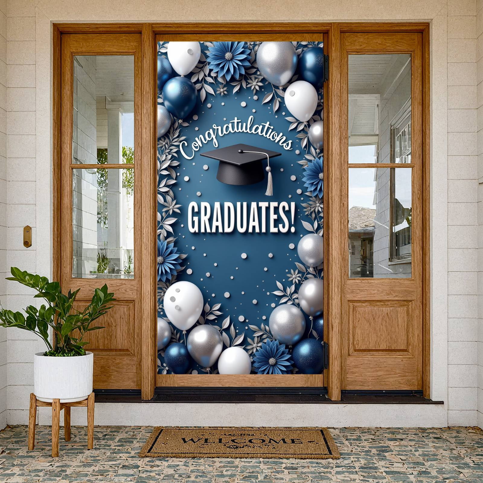 Blue Theme Graduation Banner Silver Balloons Graduate Backdrop Floral ...