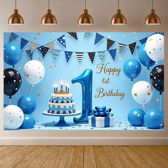 Blue Theme Happy 1st Birthday Banner Gold Stars First Birthday Display Balloon Decor Cake Design 1st Birthday Backdrop for 1st Birthday Party Baby Boy Birthday Indoor Celebration