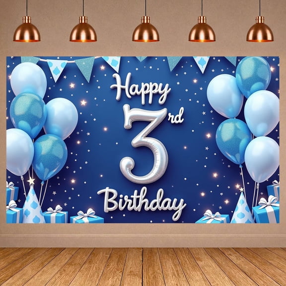 Blue Theme Happy 3rd Birthday Banner Balloon Decor 3rd Birthday Display Silver Number Starry点缀 Birthday Party Backdrop for 3rd Birthday Party Kids Birthday Indoor Decoration
