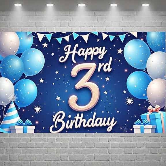 Blue Theme Happy 3rd Birthday Banner Starry Design 3rd Birthday Display Gift Box Decor Sparkling Effect Birthday Party Backdrop for 3rd Birthday Party Kids Gathering Indoor Decoration