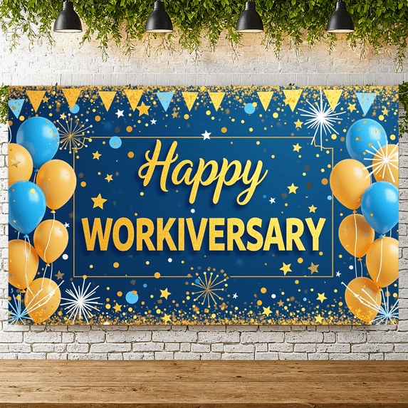 Blue Theme Happy Workiversary Banner Office Celebration Gold Stars Balloon Decoration for Company Event Workplace Party Milestone