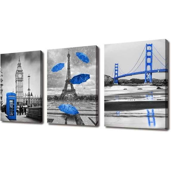 Blue Theme Paris Decor for Bedroom Eiffel Tower Decor Room Decor Canvas Wall Art Black and White Wall Art Blue Bathroom Decorations Canvas Painting Stretched and Framed Artwork Size:12x16inchx3pcs