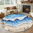 thumbnail image 1 of Blue Theme Round Living Room Rugs 8 ft, Beach Ocean Wave Starfish Shell Coastal Washable Large Area Rug with Non-Slip Sturdy Edge Binding Round Carpet for Dining Room Kitchen Office, 1 of 9