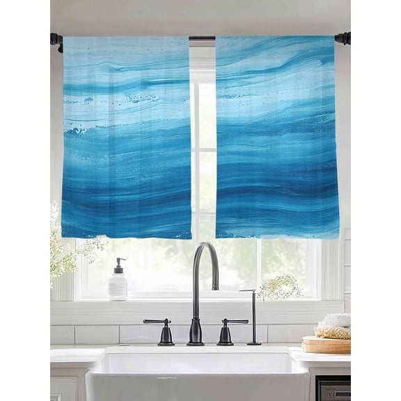 Blue Theme Sheer Curtains 54 Inches Long 2 Panels Ocean Waves Abstract Gradient Watercolors Art Light Filtering Semi Sheer Window Curtains Drapes for Bedroom Living Room 52"x54"
