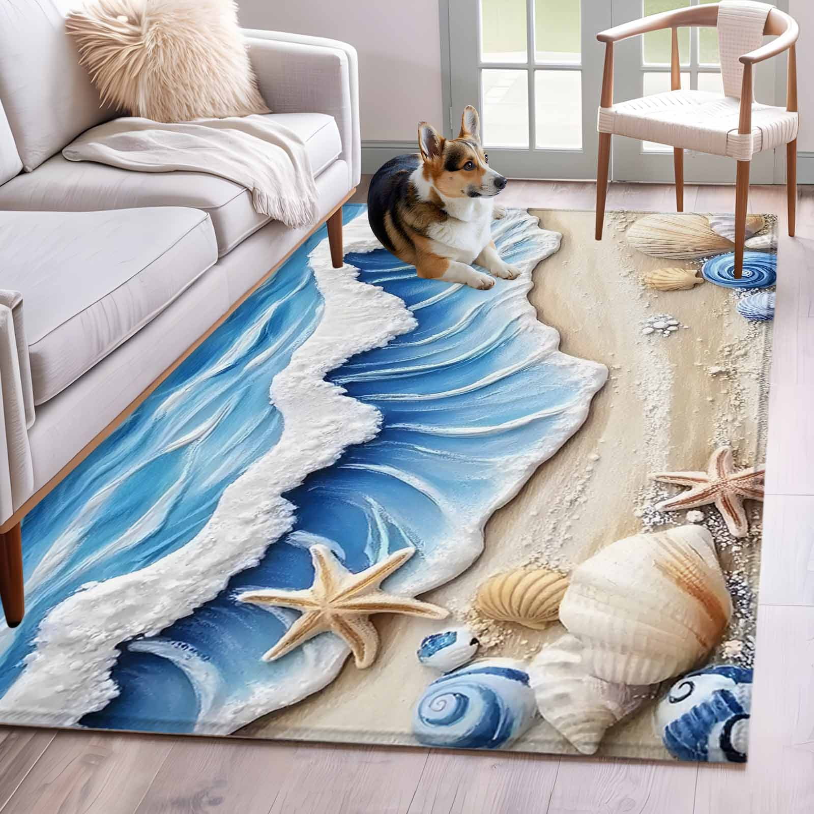 Blue Theme Washable Area Rugs 2.7'x5', Beach Ocean Wave Starfish Shell ...