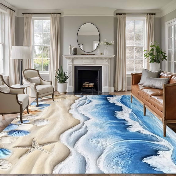 Blue Theme Washable Living Room Rugs 6'x9', Beach Ocean Wave Shell Starfish Coastal Low Pile Throw Large Area Rug Non-Slip Sturdy Edge Binding Carpet for Dining Room Kitchen Office
