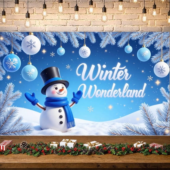 Blue Theme Winter Banner Snowman Design Wonderland Banner Snowflake Pattern Winter Snowman Banner for Winter Party Christmas Celebration Holiday Decoration