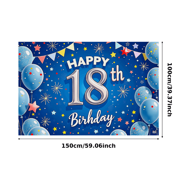 Blue Themed 18th Birthday Banner with Star Balloon and Firework Elements Backdrop Decor for Birthday Party Photography Props Decoration Happy Birthday Celebrations