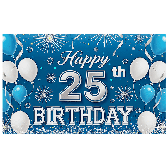 Blue Themed 25th Birthday Backdrop Banner with Balloons Fireworks Elements Party Supplies Photography Props Birthday Decoration Happy Birthday Decor Background Party Decorations