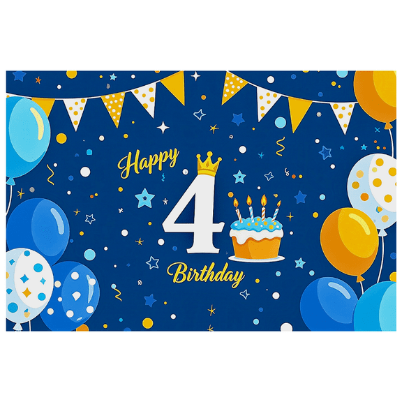 Blue Themed 4th Birthday Backdrop Banner with Crown Cake Balloons and Stars Party Decoration Happy Birthday Photography Props Party Supplies Background Decor