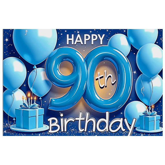 Blue Themed 90th Birthday Banner with Balloons Candles and Gifts Backdrop Decoration for Birthday Party Photography Props Photo Booth Decorations Happy Birthday Celebrations