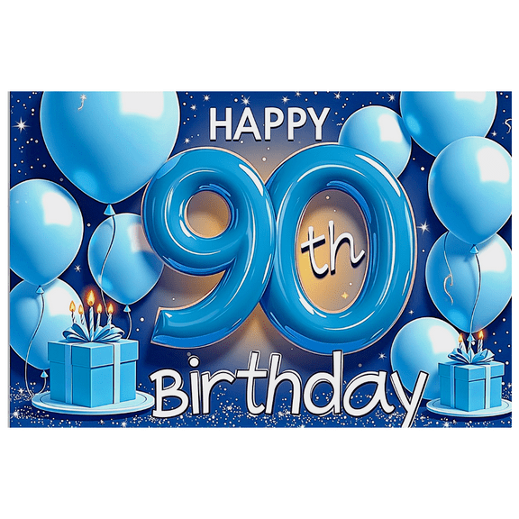 Blue Themed 90th Birthday Banner with Balloons Candles and Gifts Backdrop Decoration for Birthday Party Photography Props Photo Booth Decorations Happy Birthday Celebrations