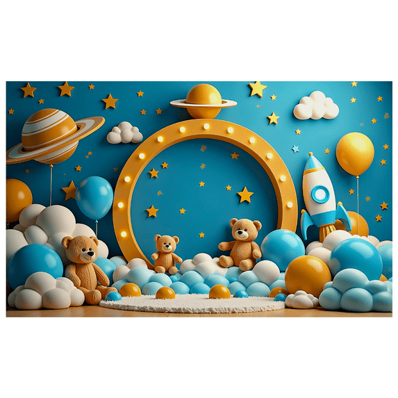 Blue Themed Background with Clouds Stars and Teddy Bears Banner Party Decorations Birthday Party Photography Props Baby Shower Backdrop Decors