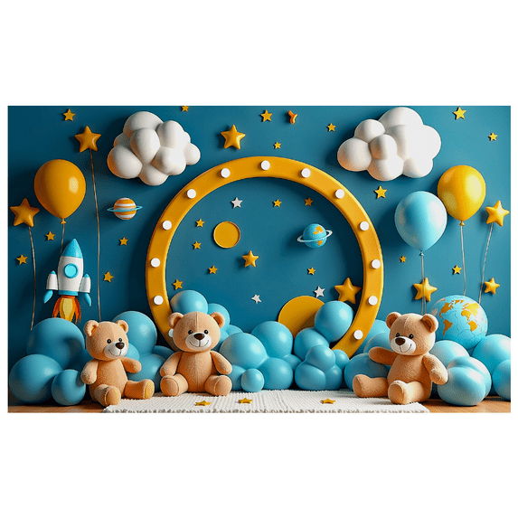 Blue Themed Background with Clouds Stars and Teddy Bears Banner Party Decorations Birthday Party Photography Props Baby Shower Backdrop Decors