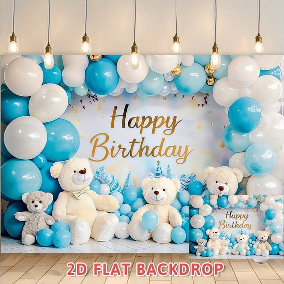 Blue Themed Birthday Backdrop, Balloon Bear Printed Decor Cloth, Birthday Party Scene Setting Background Wall, Indoor And Outdoor Photography Background Prop