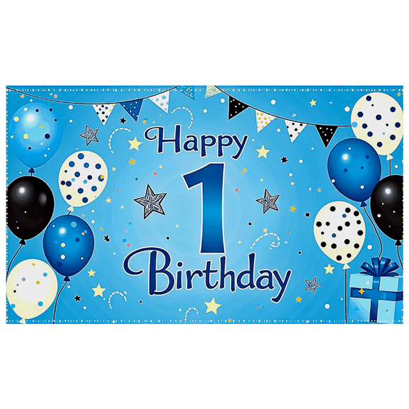 Blue Themed Happy 1 Birthday Banner with Balloons Stars and Gift Box Party Decoration Backdrop for Birthday Party Photography Props Kids Party Decorations
