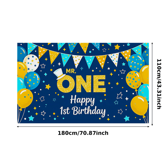 Blue Themed Happy 1st Birthday Backdrop Banner with Balloons Stars and Polka Dots Elements Party Decoration Photography Prop for Birthday Party Baby Shower Celebration Decor Background
