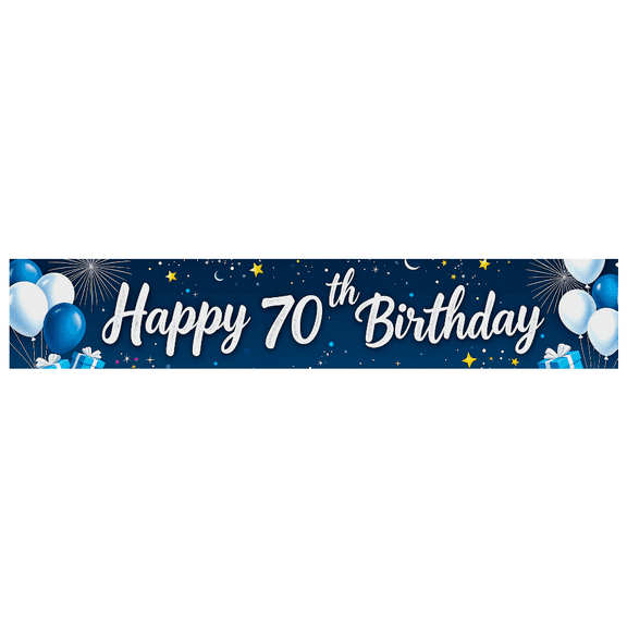 Blue Themed Happy 70th Birthday Banner with Balloons Fireworks and Gifts Background Party Decoration Photography Prop Birthday Party Supplies Backdrop Decor