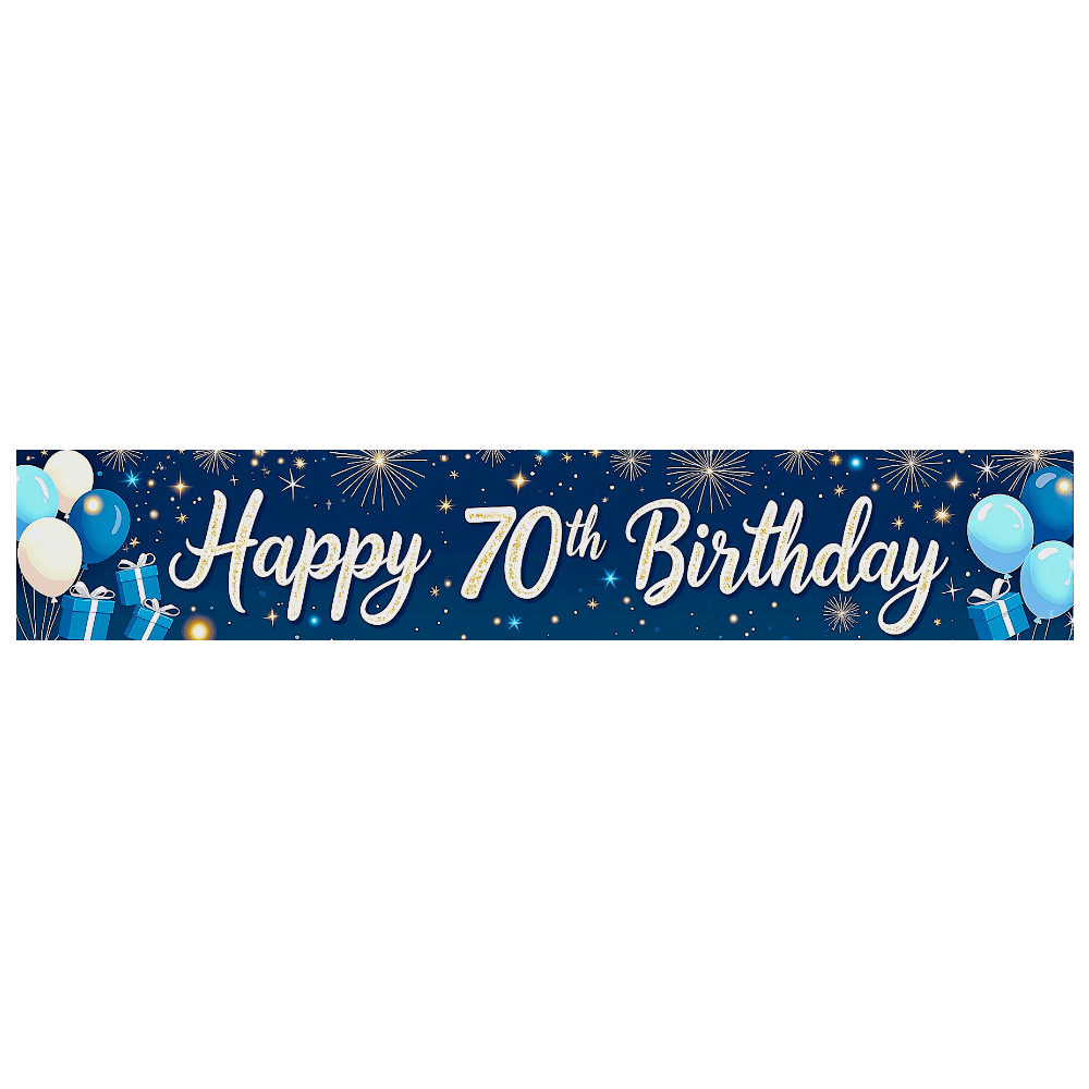 Blue Themed Happy 70th Birthday Banner with Balloons Fireworks and ...