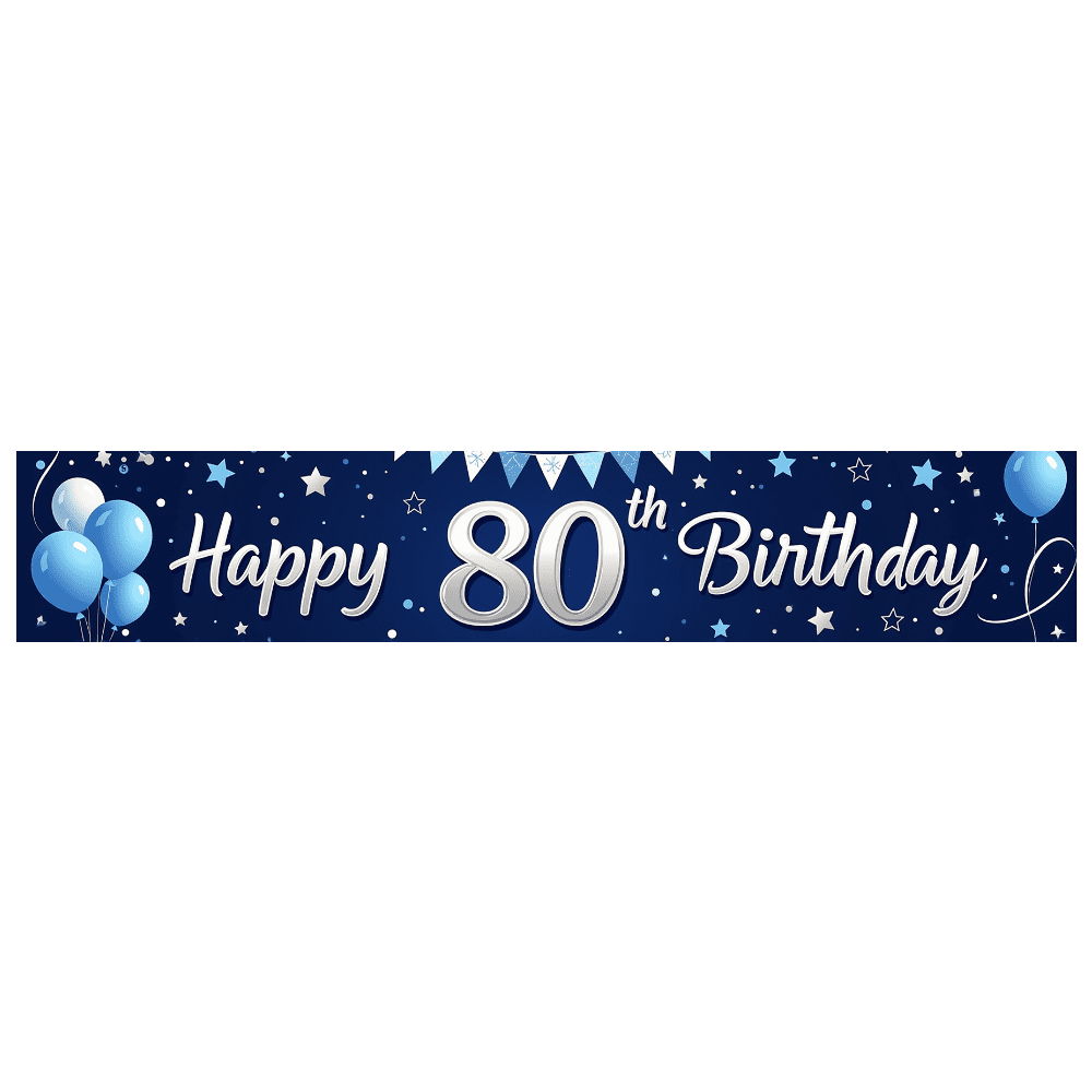 Blue Themed Happy 80th Birthday Backdrop Banner with Balloon Star ...