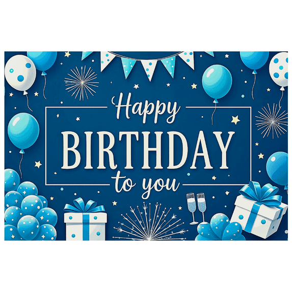 Blue Themed Happy Birthday Banner with Balloons Stars Gifts and Fireworks Party Decoration Backdrop Photography Props for Birthday Parties Family Celebrations Indoor Events and Photo Booths