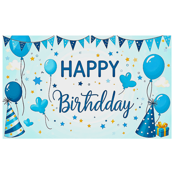 Blue Themed Happy Birthday Banner with Balloons Stars and Party Hats Background Decoration for Birthday Party Photography Props Party Supplies Decorations