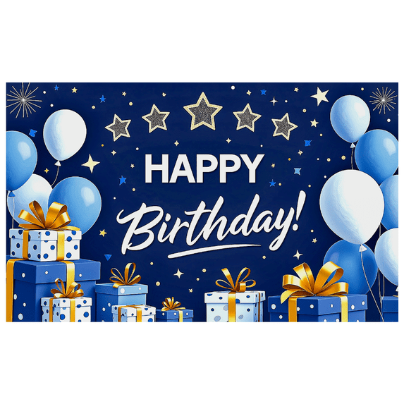 Blue Themed Happy Birthday Banner with Balloons Stars and Gifts Party Backdrop Background Decors for Birthday Party Photography Props and Decorations