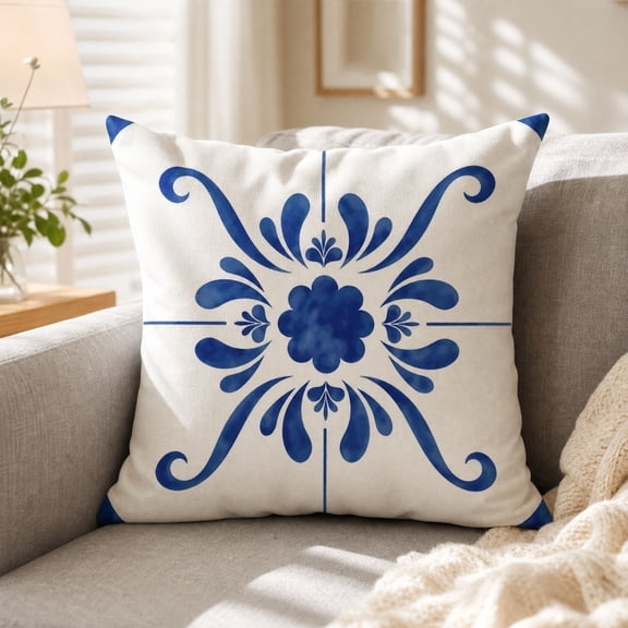 Blue Themed Printed Pillow Cover For Home Decoration Sofa Cushion White Base Floral Design