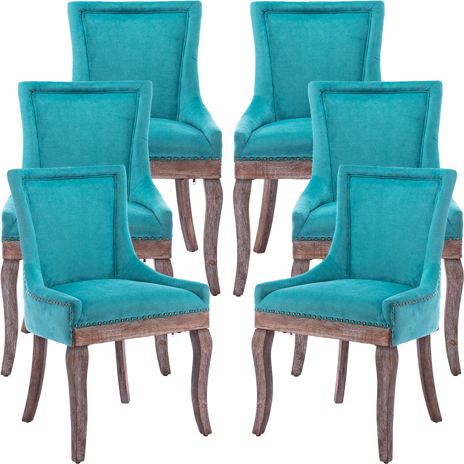 Blue Farmhouse Rubberwood Dining Chairs Set of 6, Thick Upholstered