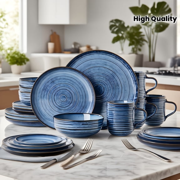 Blue Threaded Ceramic Dinnerware Set, 16-Piece Reactive Glaze Stoneware Includes Plates, Bowls, Mugs for 4, Ideal Gift for Wedding Valentine's Day Party