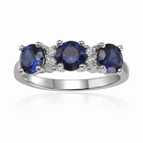 Blue Three Stone Round Sapphire Lab Grown September Birthstone Ring For Women- Sterling Silver Ring Gift For Her
