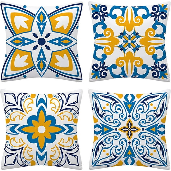 Blue Throw Pillow Covers 18x18 Set of 4 Blue and Yellow Floral Printed and Farmhouse Retro Decorative Throw Pillow Cushion Covers for Sofa Bed Indoors Home Decor