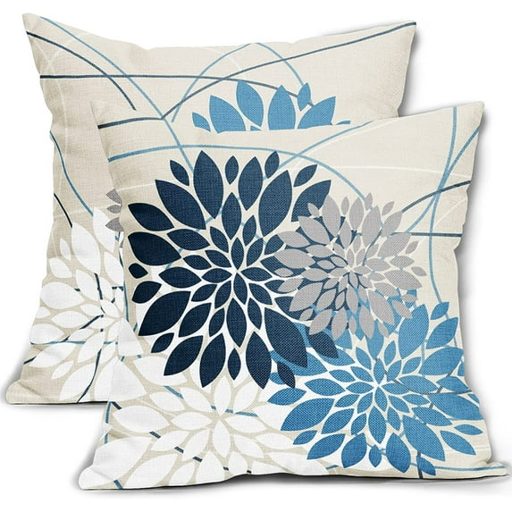 Blue Throw Pillow Covers 20x20 Inch Dahlia Flower Dark and Light Blue Colored Pillow Case Farmhouse Outdoor Decor for Home Bedroom Living Room Summer Floral Linen Square Cushion Cover, Set of 2