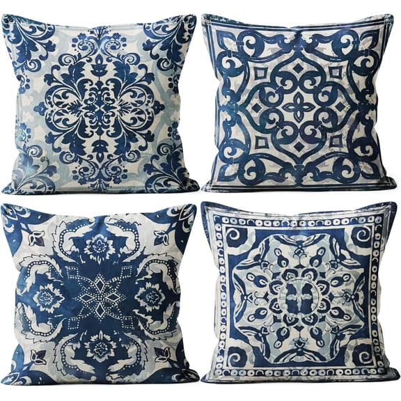 Blue Throw Pillow Covers - Linen Blue Pillow Covers 18x18 Set of 4, Decorative Blue and White Pillow Covers, Chinoiserie Pillow Cover, Chinoiserie Decor