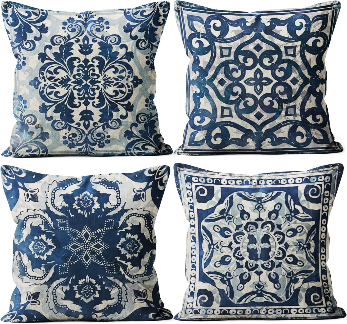 Blue Throw Pillow Covers - Linen Blue Pillow Covers 24x24 Set of 4, Decorative Blue and White Pillow Covers, Chinoiserie Pillow Cover, Chinoiserie Decor