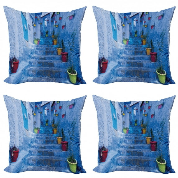 Ambesonne Blue Throw Pillow Cover 4 Pack, Colorful Flowers on Street, 24", Multicolor