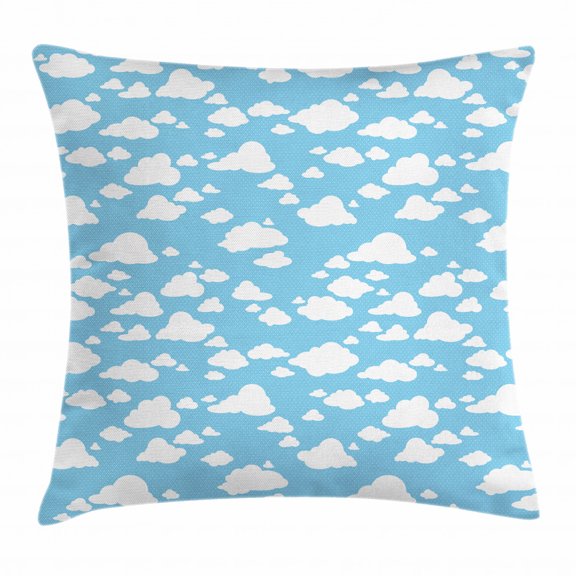 Blue Throw Pillow Cushion Cover, Clear Summer Sky Pattern with Clouds Dotted Background Cartoon Style Kids Design, Decorative Square Accent Pillow Case, 16 X 16 Inches, Sky Blue White, by Ambesonne