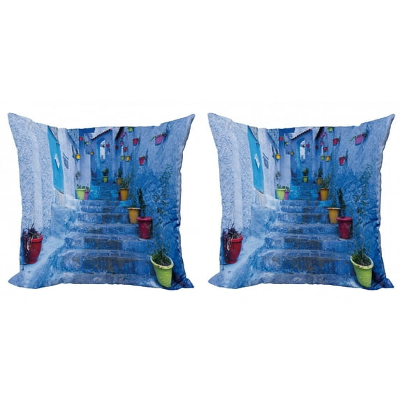 Ambesonne Blue Throw Pillow Cover 2 Pack, Colorful Flowers on Street, 16", Multicolor