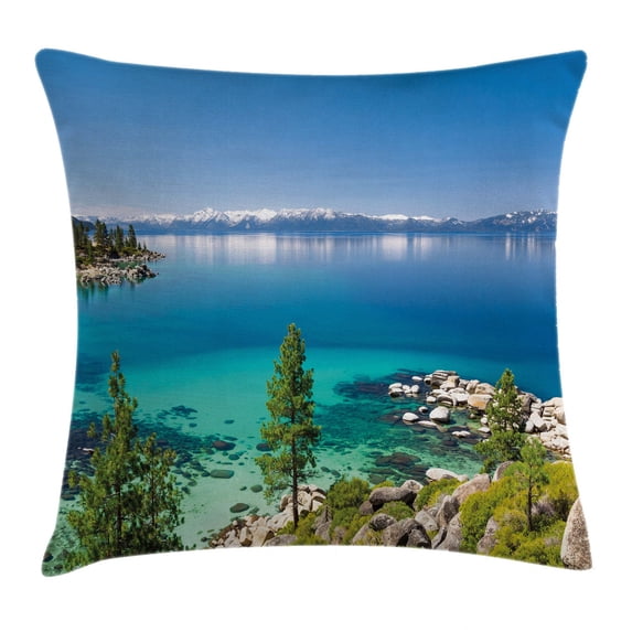 Blue Throw Pillow Cushion Cover, Tranquil View of Lake Tahoe Sierra Pines on Rocks with Turquoise Waters Shoreline, Decorative Square Accent Pillow Case, 20 X 20 Inches, Blue Grey Green, by Ambesonne