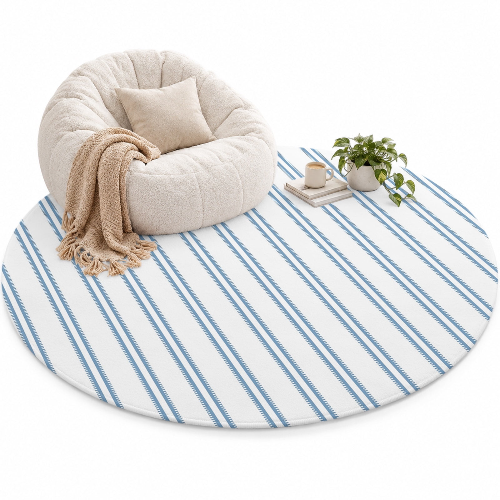 Blue Ticking Stripe Area Rug 4', Modern Minimalist Vertical Lines White ...