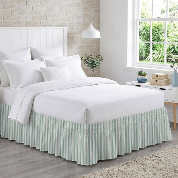 Blue Ticking Stripe Bed Skirt California King Size 18 Inch Drop, Farmhouse Vertical Lines Khaki Adjustable Elastic Dust Ruffles Bedskirt Wrap Around Pleated Mattress Frame Cover