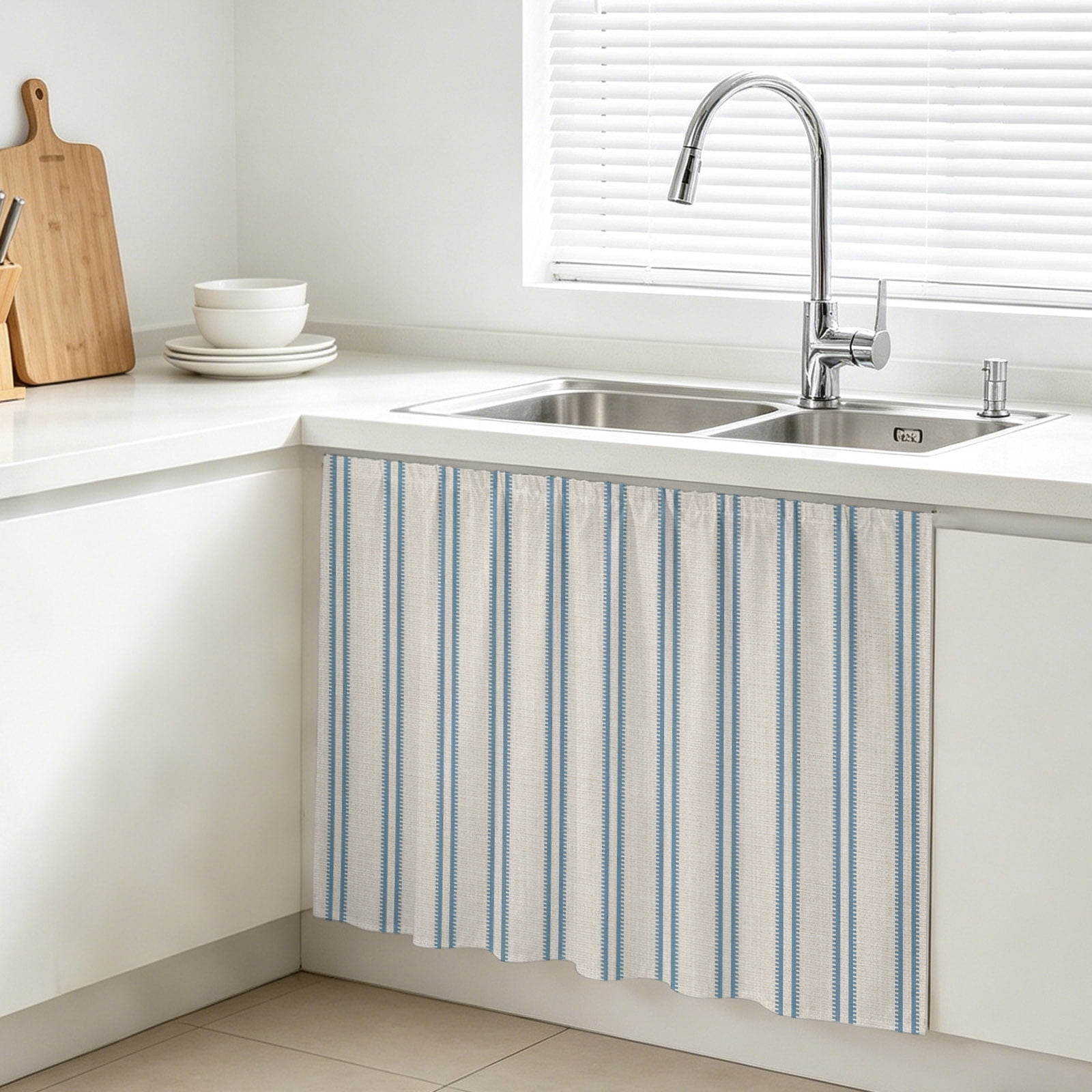 Picture Idea: Blue Ticking Stripe Cabinet Curtain Modern Minimalist Vertical Lines