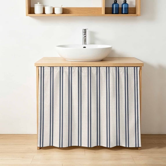 Blue Ticking Stripe Cabinet Curtains 11" W x 13" L, Coastal Vertical Lines Khaki Under-Desk Privacy Dust Proof Drape Dishwasher Curtain Sink Skirt for Kitchen Closet Bathroom Laundry