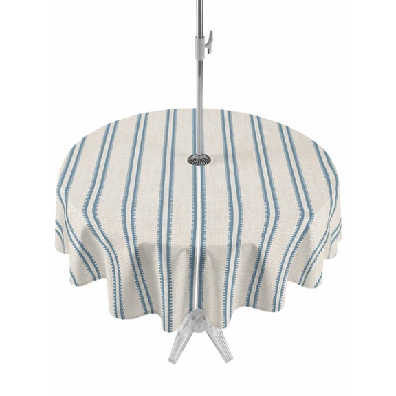Blue Ticking Stripe Outdoor Round Tablecloth with Umbrella Hole 60", Modern Minimalist Vertical Lines Khaki Waterproof Zippered Table Cloth Wrinkle Free Wipeable Desk Covers for Patio Party