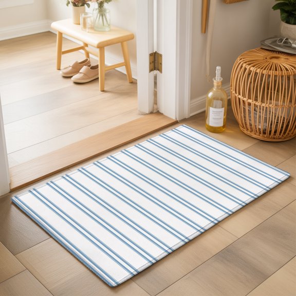 Blue Ticking Stripe Washable Small Entryway Area Rugs 2'x3', Modern Minimalist Vertical Lines White Washable Throw Rug Non-Slip Sturdy Edge Binding Carpet for Front Door Floor Room Entry